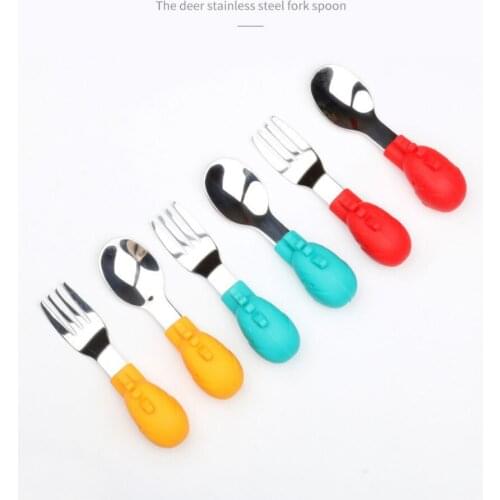 Baby Feeding Spoon Gadgets Tableware Set The Deer Stainless Steel Fork Spoon Short Handle Design