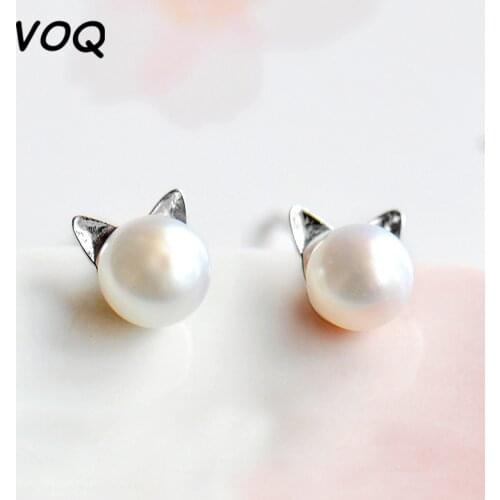 VOQ 925 Sterling Silver Sweet Pearl Earrings Cartoon Cat Earrings Female Women Kids Party Jewelry Accessories