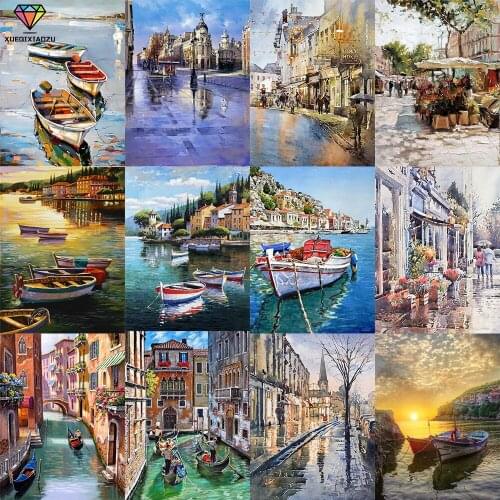 DIY Painting By Numbers Street boat landscape HandPainted Oil Painting Drawing On Canvas Unique Gift Home Decoration