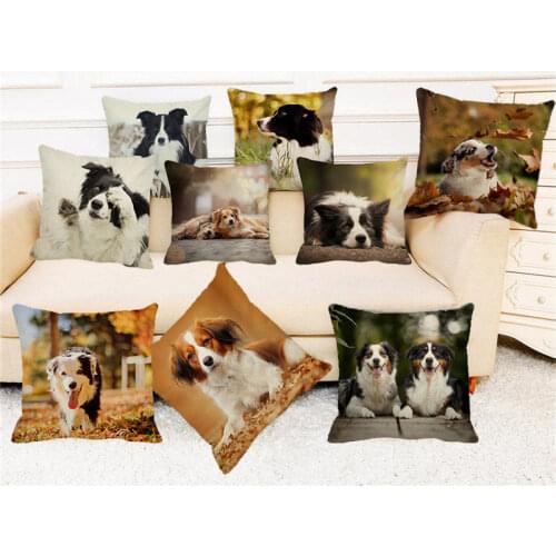 XUNYU Cute Pet Cushion Cover Border Collie Dog Throw Pillow Case Linen Cushion Case Sofa Bed Decorative Pillowcase 45x45cm C0074
