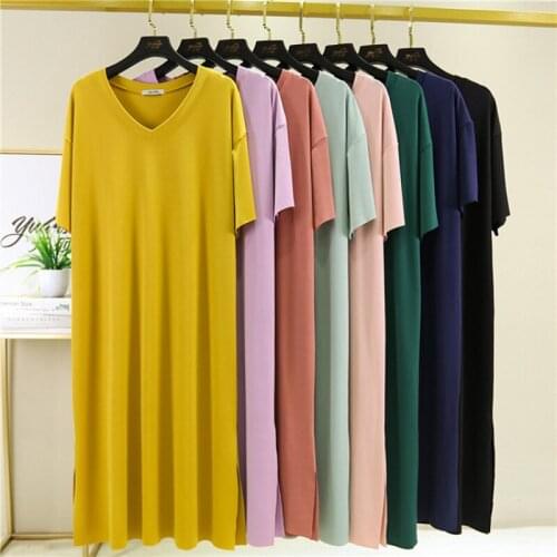 Modal V-neck Short Sleeve Nightdress Female Summer Loose Casual Nightshirt Plus Size Thin Sleepwear Girl Nightgowns Base Skirt