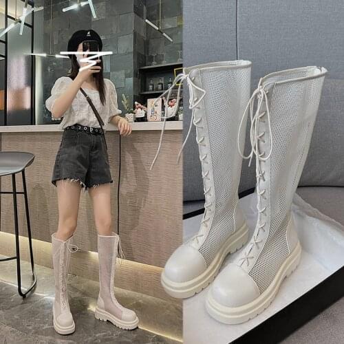 Kalsooni 2021 New Women Boots for Thick Legs Female Knee-high Mesh Lace-up Martin Boots Plus Size Shoes 35-43