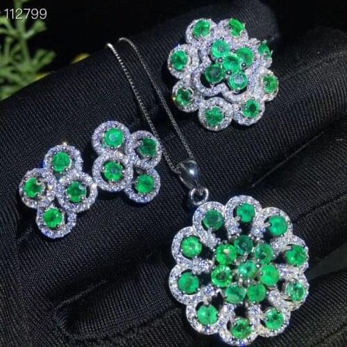 The Best engagement Gift set Natural Real Emerald 925 sterling silver 1pc Emerald pendant,1pc Emerald ring,2pcs Emerald Earring