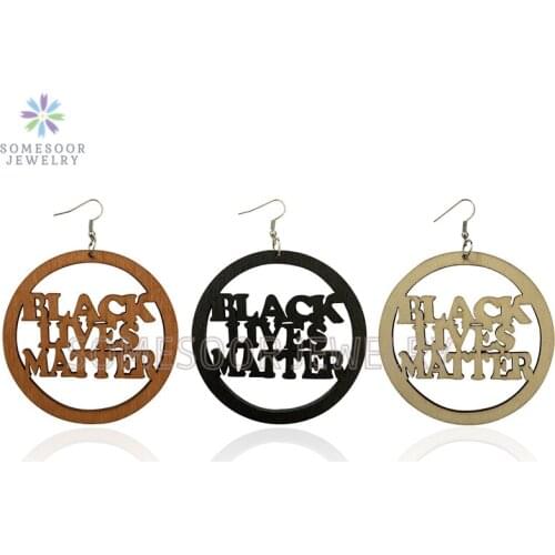 SOMESOOR 7.5cm Big African Natural Wooden Earrings Laser Engraved Black Lives Matter Melanin Ear Loops For Women Christmas Gift