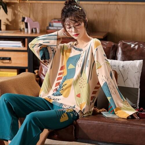 Cute Cartoons Womens Pajamas Long Sleeves+Pants For Girls Cotton Sleepwear Casual Lounge Wear Home Warm Clothes Autumn Female