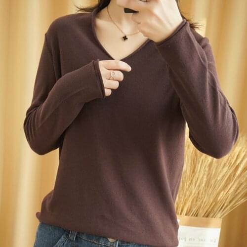 New Bottoming Womens Knitted Sweater V-Neck Wild Pullover Long Sleeve Loose Shirt 100% Cotton T-shirt Thin Section Spring Tops
