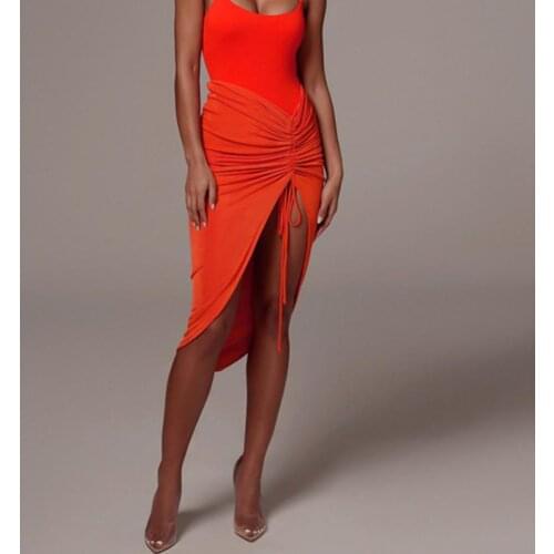 Bodycon Skirt women midi skirt high waist elegant Skirt Shirring Drawstring Solid High Split Irregular Skirt Clubwear