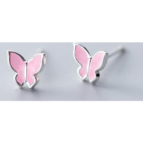 Charm Stud Earrings 925 Sterling Silver Earrings For Women Dripping Oil Pink Butterfly Earrings Birthday Gift joyas de plata 925