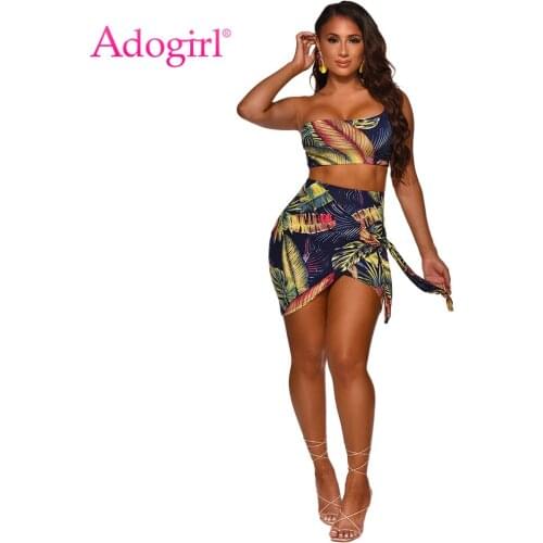 Adogirl Women Sexy Leaf Print Two Pieces Set Dress Casual One Shoulder Crop top Tie Knot Mini Skirt Suit 2020 Fashion Tracksuit
