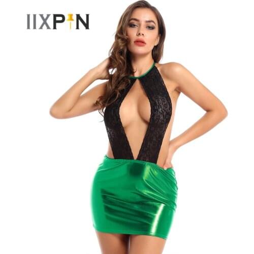 Womens Erotic Lingerie Bodycon Skirt Metallic Patent Leather Lace-up Halter Neck Backless Sexy Dress Stage Performance Costume
