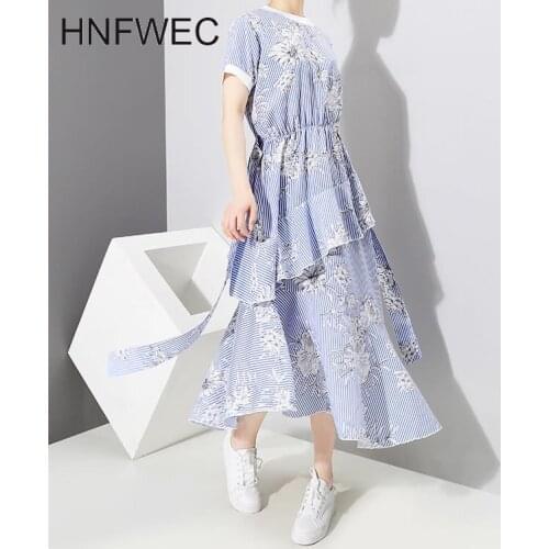 Women 2019 Summer New Fashion O-neck Short Sleeve Casual Dress Female Striped Print Sashes Ankle-length Dress R378