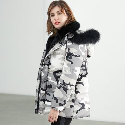 Winter Down Woman Hooded Real Fur Collar Plus Size Camouflage Gray Female Jacket Coat Casacas Para Mujer KJ430