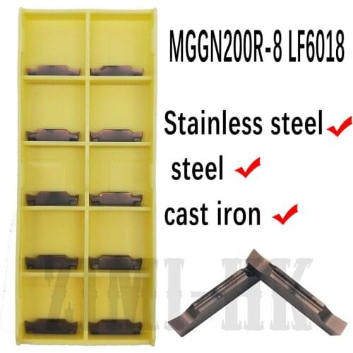 10Pcs MGGN200R-8 LF6018 MGGN200 -R Carbide Grooving Inserts 2mm width MGMN Grooving Cut-off Inserts for MGEHR MGIVR Turning