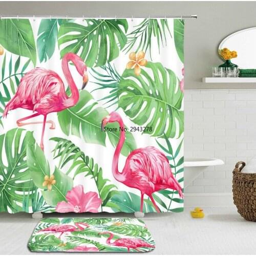 2Pcs/Set Flamingo Bath Curtains Shower Curtain Mat Set Bathroom Waterproof Cloth +Non-slip Mat Rug Toilet Floor Bathroom Decor