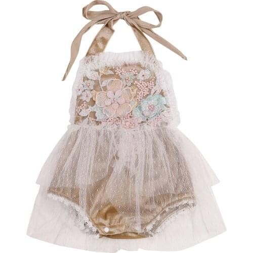 2021 0-2Y Princess Infant Summer Halterneck Romper Baby Girl Tie-up Flower Pattern Mesh Lace Embroidery Trim Playsuit with Beads