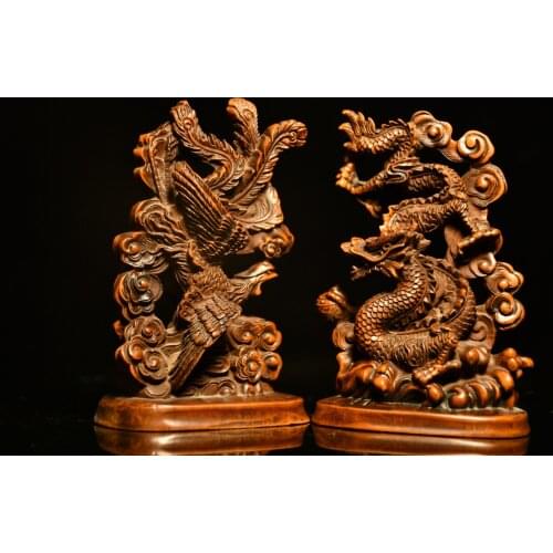 5"China Lucky Old Boxwood Hand-carved Dragon and phoenix statue A pair The dragon and the phoenix Ornaments Town House Exorcism