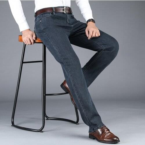 Free Shipping 2019 Mens Fall Winter New Style Straight Jeans High Waist Business Stretch Loose Casual Pants