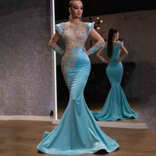 CloverBridal Shinning Long Sleeves Tassels Luxury Prom Dresses Mermaid Blue Special Occasion Dress robe de soirée femme WP9842