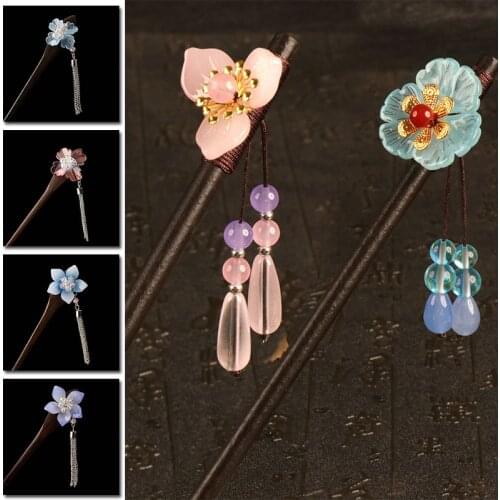 Chinese Style Wooden Hair Stick Classical Floral Hairpin With Tassel Elegant Lady Fashion Hair Clip Hair Accessories Headwear