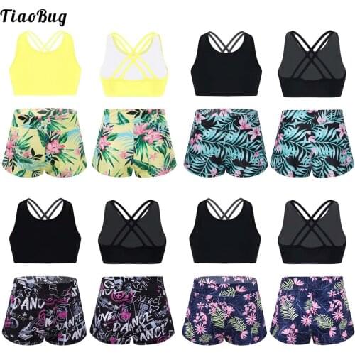 TiaoBug Summer 2Pcs Kids Girls Swimming Suit U Neck Spaghetti Straps Cropped Top Flower Print Shorts Set Pool Bathing Swimwear