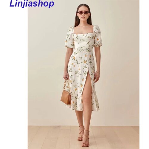 Elegant Yellow Tulip Print Split Vestidos Retro Short Sleeve Midi Dresses Vintage Back Elastic Summer Dress