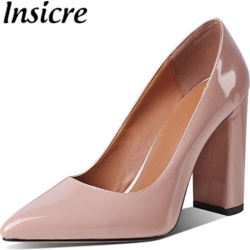 Insicre Simple Patent Leather Square High Heels Pump Spring Fashion Pointed Toe Women Party Office Career Shoes Large Size 34-43