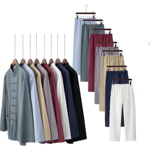 Chinese Traditional Clothing Set Man Summer Linen Buckle Kung Fu Shirt Oriental Retro Top Pants Tai Chi Breathable Uniforms