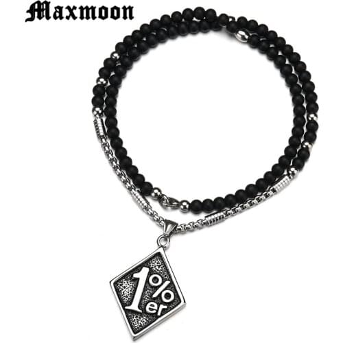 Maxmoon Silver Color 316L Stainless Steel Outlaw One Percent 1% ER Necklace With Beads Chain Motorcycle Biker Mens Necklace