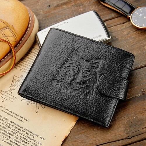 Men Wallet Cowhide Genuine Leather Wallets Coin Purse Wolf Head Pattern boys wallet Hasp Top Quality Retro Short Wallet NEW