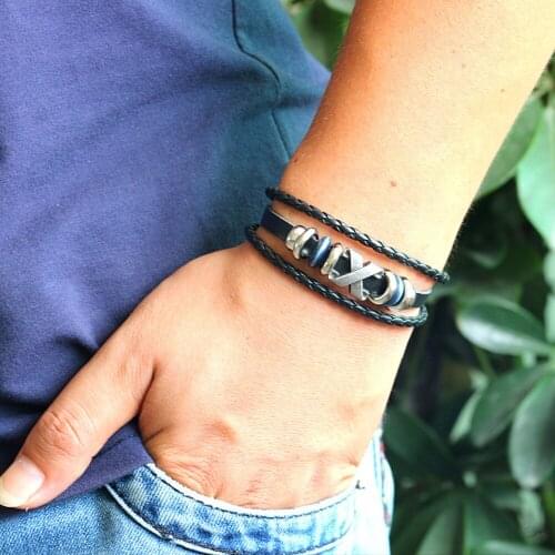 Eif Dock Vintage Genuine Leather Bracelet For Men Hand Charm Jewelry Multilayer Male Bracelet Handmade Gift For Cool Boys