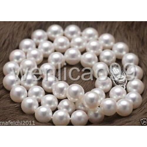 Natural 9-10mm AAA+ south sea white Round pearl necklace 18" silver Clasp