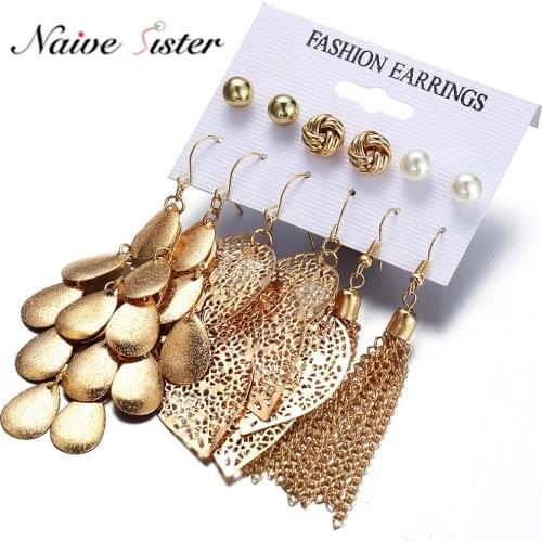 New 6 Pair Leaves Earrings for Women Simulated Pear Gold Color Long Drop Dangle Earring Girl Earings Zinc Alloy Jewelry Vintage