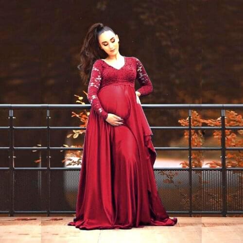 Autumn and Winter Womens Lace Stitching Imitation Silk Pregnant Women V-neck Long-sleeved Tail Skirt Photography Dress