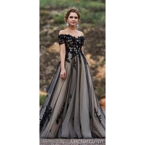 Charmingbridal A Line Bridal Gowns Off Shoulder Court Train Black Lace Champagne Tulle Wedding Dresses
