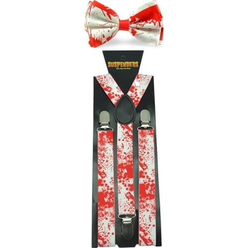 Suspenders For Trousers Pants Holder Bow tie Set Men Women 2 PCS "Vampire Blood Red " Patterns Mix Y-Shape Braces Necktie Sets
