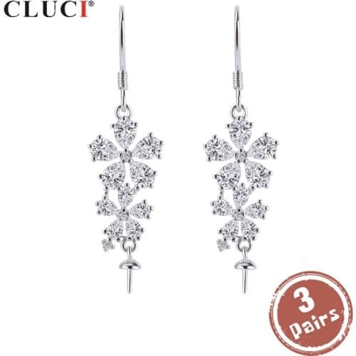 CLUCI 3 pair 925 Silver Zircon Flower Drop Earrings Sterling Silver Pearl Mounting Jewelry for Women Wedding Engagement SE057SB