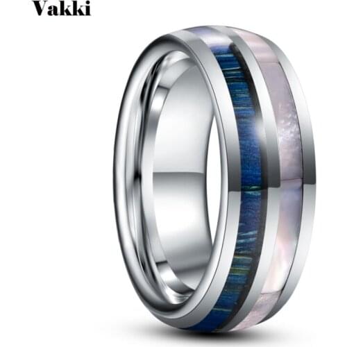 VAKKI 8mm Blue Wood Grain White Shell Dome Tungsten Carbide Ring Mens Fashion Wedding Jewelry Gift