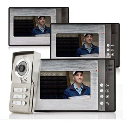 7" inch Color LCD Video Door Phone Doorbell Home Entry Intercom System 3 Monitor 1 Metal Camera Night Vision for 3 Family