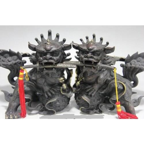 Xd 001465 China Feng Shui bronze copper Evil Kirin kylin Guardian Door Foo Dog Lion statue