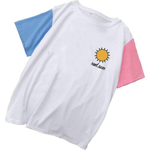 Womens Summer Korean New Spell Color Spliced T Shirt Casual Short Sleeve Kawaii Sun Print Tops Tee Shirt Femme Harajuku Clothes