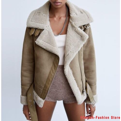 Women Winter Faux Shearling Sheepskin Fake Leather Jackets Lady Thick Warm Suede Lambs Wool Short Motorcycle Brown Coats 2020