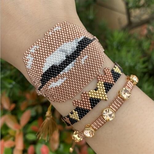 BLUESTAR Women 3pcs one set Gold Lips Bangles Handmade Bohemian Heart Crystal Rice Bead MIYUKI Bracelets
