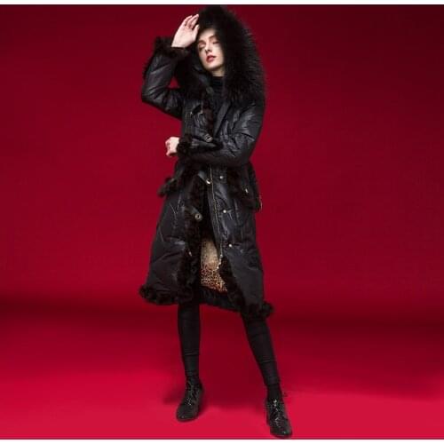 Royalcat Europe station 2019 winter European long fashion waist close fitting large wool collar knee length down jacket