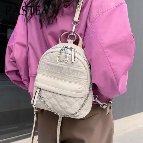 Forever Love Valentine Gift Beige Black Chain Design Women Backpack Small Cowhide Leather Bagpack Silver Metal Mini Mochila 20cm