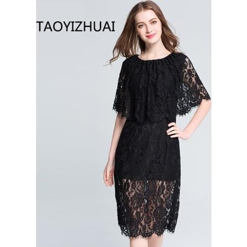 TAOYIZHUAI Summer straight Natural Factors Half Knee Length O Neck Cloak sleeves Hollow Out solid casual style women dress 11520