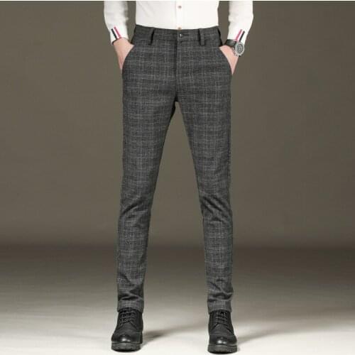 2019 Fashion Men Dress Pant Plaid Business Casual Slim Fit Pantalon Homme Classic Vintage Suit Trousers Wedding Pants 38