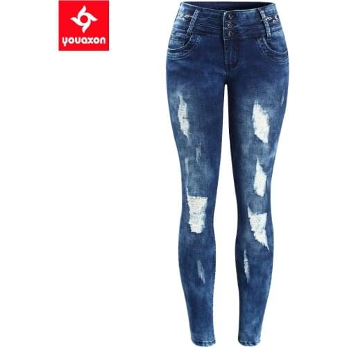 2083 Youaxon Women`s Embroidery Mid Low Waist Washed Stretchy Ripped Pencil Skinny Denim Pants Jeans For Women Jean
