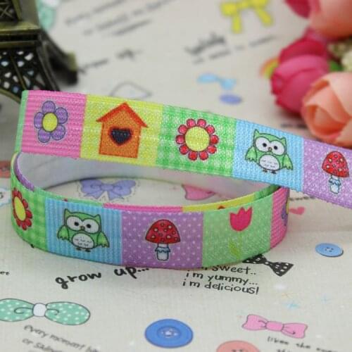 5/8 inch Free shipping Fold Over Elastic FOE flowers owl printed ribbon headband hair band diy decoration wholesale OEM B147