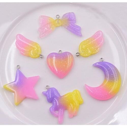 7Pcs Cute Multicolor Flatback Star Moon Heart Necklace Keychain Accessories Pendant Resin Keyring Findings for Woman diy Jewelry