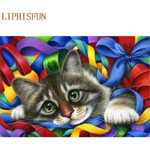 Diamond Painting Cross Stitch Full Square Round Picture of Rhinestone DIY Mosaic Embroidery Cartoon Kitten New Year